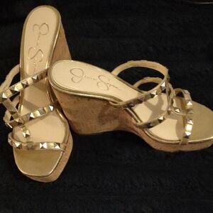 Jessica Simpson Gold Wedge Sandals with Metallic Straps